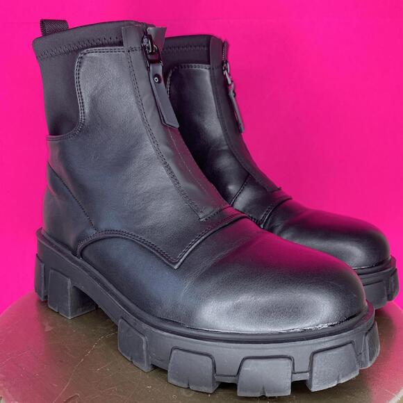 LC Waikiki Black Faux Leather Chunky Platform Front Zip Sock Ankle Boot Sz 38 - Picture 1 of 7